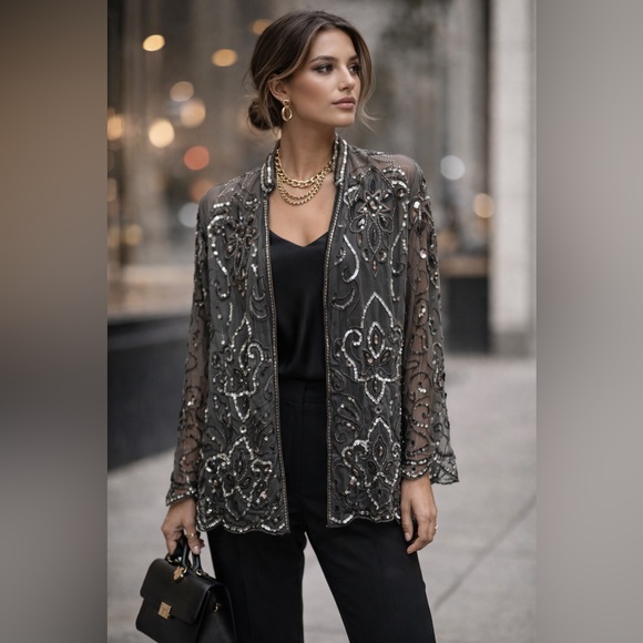 Vintage Tops - Vintage Together Beaded Sheer Blouse | Ornate Sequin Embellished Jacket Top | OS